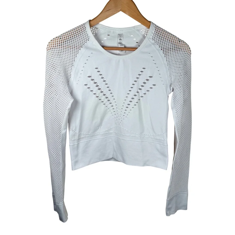 Alo Yoga Open Air Seamless Top Women Large White Mesh Long‎ Sleeve Crop Workout